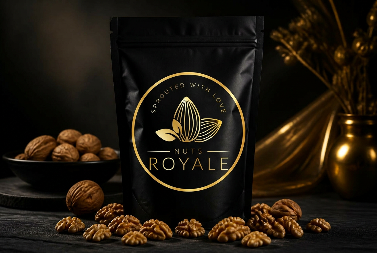Nuts Royale matte black pouch with gold foil branding surrounded by premium walnuts